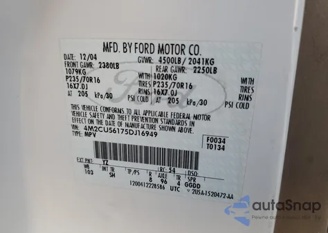 2005 Mercury Mariner из США, поврежденный, VIN 4M2CU56175DJ16949